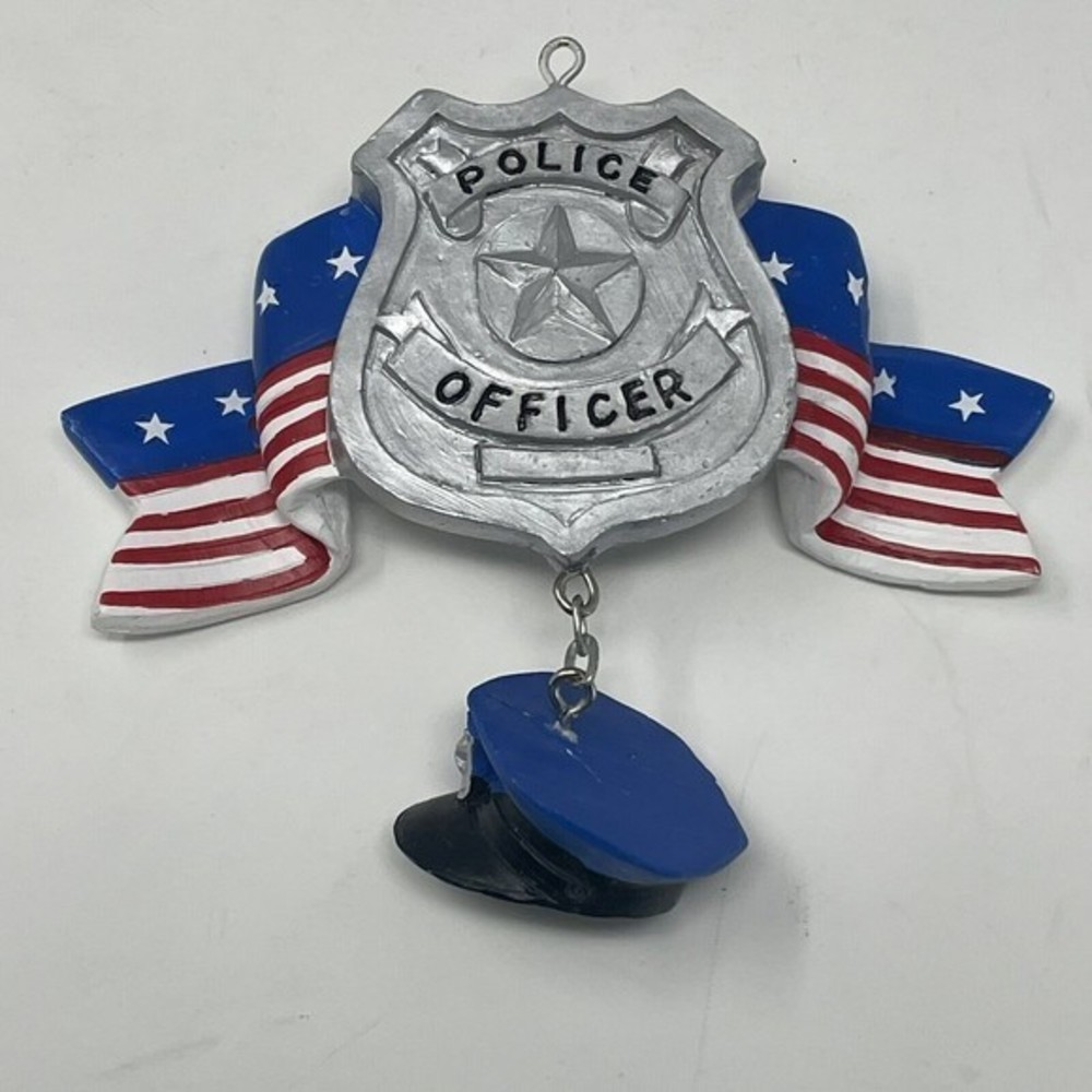 New CHRISTMAS  ORNAMENT 3.5” resin police‎ officer badge w/ hat red white blue